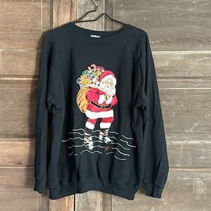 Vintage Santa Claus Christmas Hanes Her Way‎ Womens Sz X Large Black Sweatshirt